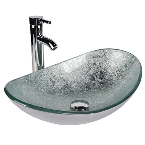 YU YUSING Aufsatzwaschbecken Waschbecken Glas Waschtisch, Oval Hand Waschschale mit Wasserhahn Set, Waschplätze für Badezimmer Bad Küche Gäste WC, Modern Silber,53 x 35 x 16 cm von YU YUSING