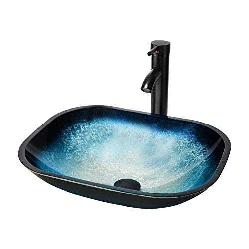 YU YUSING Aufsatzwaschbecken Waschbecken Glas Waschtisch, Waschschale mit Wasserhahn Set，Waschplätze für Badezimmer Küche Gäste WC, Modern Blau, 46.5 x 37.5 x 13.5 cm von YU YUSING