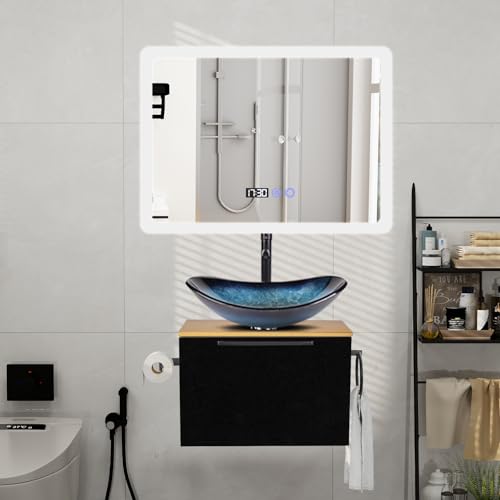 YU YUSING Badmöbel Set Waschbeckenunterschrank Badezimmerschrank 60cm Waschbecken Unterschrank, Badspiegel LED 80x60cm, Anti-Beschlag, Badezimmermöbel mit Waschtisch,Wasserhahn Set(Oval Blau) von YU YUSING