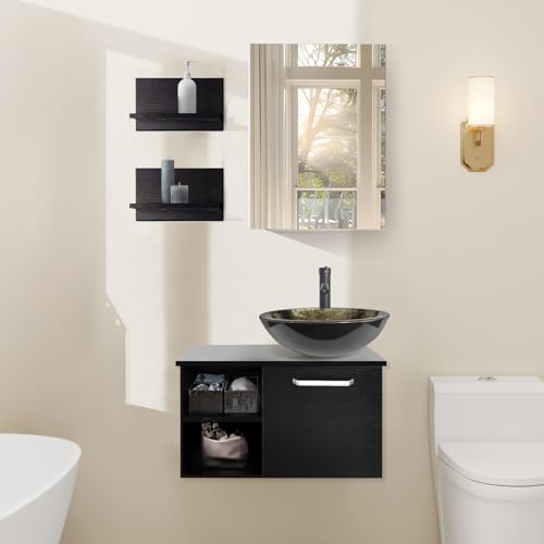 YU YUSING Badmöbel Set Waschbeckenunterschrank Badezimmerschrank mit Waschbecken Unterschrank Spiegel, Badezimmermöbel mit Waschtisch, Spiegelschrank, 2 Wandregale, Wasserhahn Set (Golden Rund) von YU YUSING