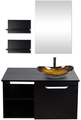 YU YUSING Badmöbel Set Waschbeckenunterschrank Badezimmerschrank mit Waschbecken Unterschrank Spiegel, Badezimmermöbel mit Waschtisch, Spiegelschrank, 2 Wandregale, Wasserhahn Set (Modern Golden) von YU YUSING