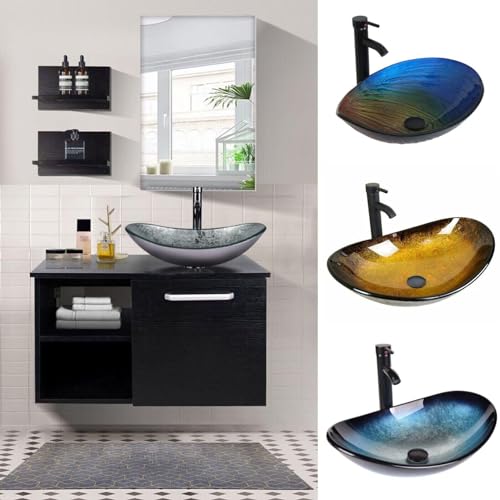 YU YUSING Badmöbel Set Waschbeckenunterschrank Badezimmerschrank mit Waschbecken Unterschrank Spiegel, Badezimmermöbel mit Waschtisch, Spiegelschrank, 2 Wandregale, Wasserhahn Set (Modern Silber) von YU YUSING