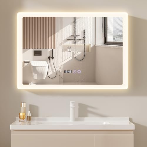 YU YUSING Badspiegel LED 70x50cm Badezimmerspiegel mit 3 Lichtfarbe Einstellbare, Wandspiegel Metallrahmen mit Touch-Schalter Spiegel Badezimmer Anti-Beschlag Timer-funcktion IP44, Horizontal, Silber von YU YUSING