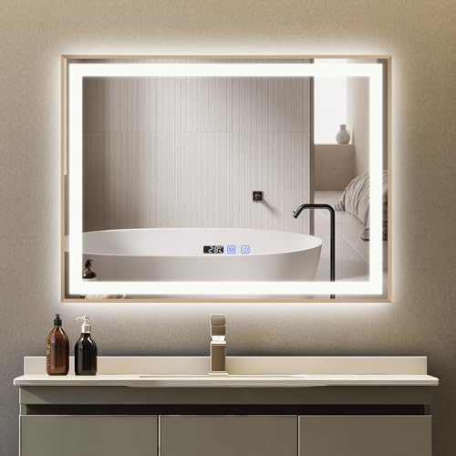 YU YUSING Badspiegel LED 80x60cm Badezimmerspiegel mit 3 Lichtfarbe Einstellbare, Wandspiegel Metallrahmen mit Touch-Schalter Spiegel Badezimmer Anti-Beschlag Timer-funcktion IP44, Horizontal, Golden von YU YUSING