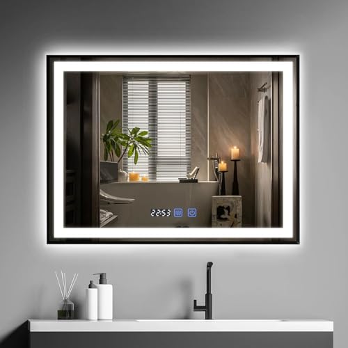 YU YUSING Badspiegel LED 80x60cm Badezimmerspiegel mit 3 Lichtfarbe Einstellbare, Wandspiegel Metallrahmen mit Touch-Schalter Spiegel Badezimmer Anti-Beschlag Timer-funcktion Kaltweiß IP44, Horizontal von YU YUSING