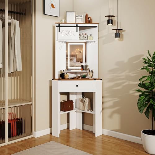 YU YUSING Eck Schminktisch mit Spiegel, Frisiertisch mit LED Beleuchtung, 1 Schublade und 6 Haken, 3 Farben Verstellbar, Kosmetiktisch mit Stauraum Ablage, Modern Schlafzimmermöbel, Platzsparend Weiß von YU YUSING