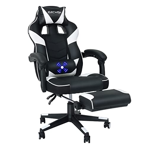 YU YUSING Gaming Stuhl Bürostuhl mit Fußstütze, Racing Stuhl Massage Ergonomisch, Drehbar Hochenverstellbar,90-150°Rückenlehne Verstellbar, Abnehmbare Kopfstütze, Lendenkissen (Schwarz & Weiß) von YU YUSING