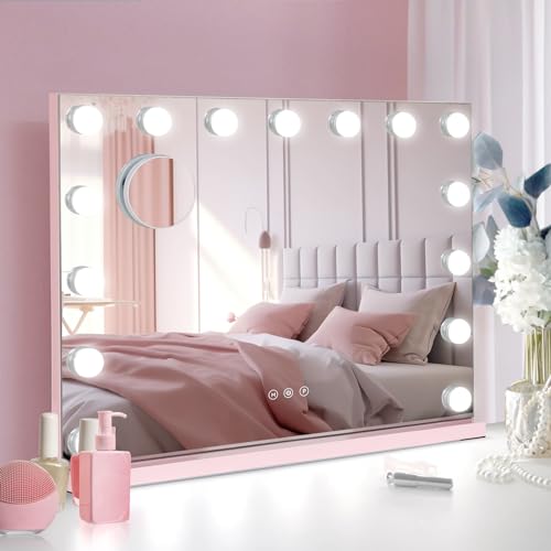 YU YUSING Hollywood Schminkspiegel mit Beleuchtung, 15 Dimmbare LED Licht, Vanity Spiegel mit 3 Farbtemperatur Licht, Touch Control, Tischspiegel Wandspiegel für Schlafzimmer Schminktisch (Rosa) von YU YUSING