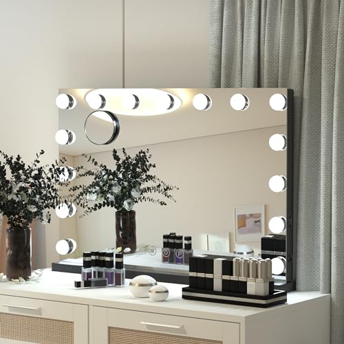 YU YUSING Hollywood Schminkspiegel mit Beleuchtung, 15 Dimmbare LED Licht, Vanity Spiegel mit 3 Farbtemperatur Licht, Touch Control, Tischspiegel Wandspiegel für Schlafzimmer Schminktisch (Schwarz) von YU YUSING