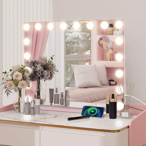 YU YUSING Hollywood Schminkspiegel mit Beleuchtung, 18 Dimmbare LED Licht, Vanity Spiegel mit 3 Farbtemperatur Licht, Touch Control, Tischspiegel Wandspiegel für Schlafzimmer Schminktisch (Rosa) von YU YUSING