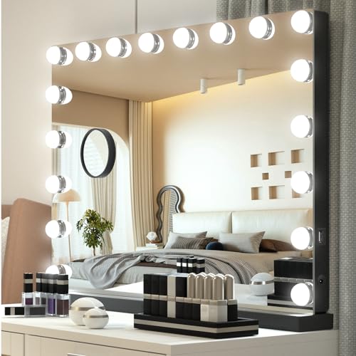 YU YUSING Hollywood Schminkspiegel mit Beleuchtung, 18 Dimmbare LED Licht, Vanity Spiegel mit 3 Farbtemperatur Licht, Touch Control, Tischspiegel Wandspiegel für Schlafzimmer Schminktisch (Schwarz) von YU YUSING