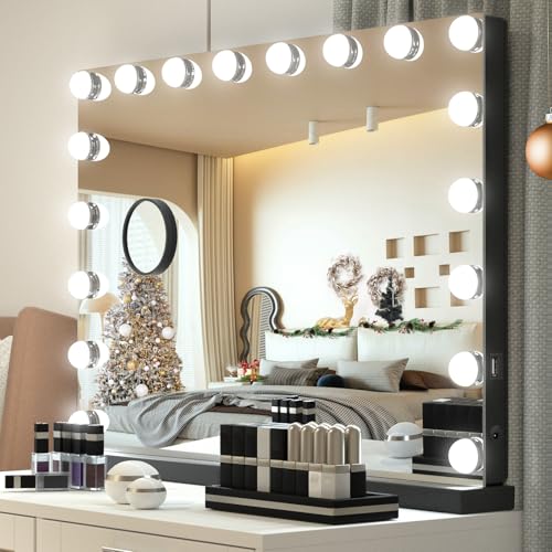 YU YUSING Hollywood Schminkspiegel mit Beleuchtung 80x62.5cm, 18 LED-Licht Dimmbar Kosmetikspiegel 3 Modi, Vanity Spiegel Tischspiegel Wandspiegel mit USB 10X Vergrößerung Schminktisch (Schwarz) von YU YUSING