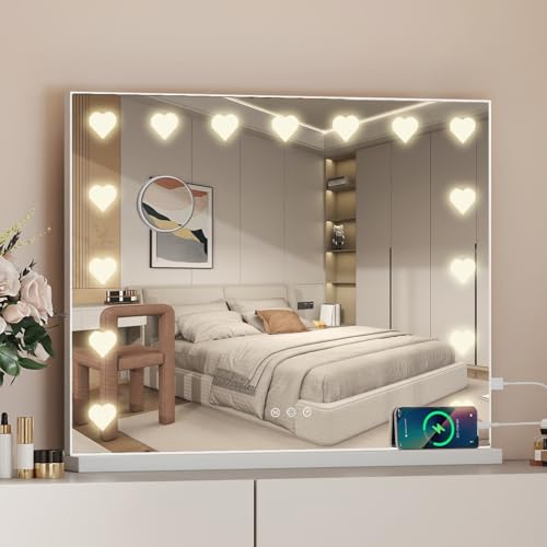 YU YUSING Hollywood Schminkspiegel mit Beleuchtung 58X45cm, 15 LED Licht Kosmetikspiegel 3 Dimmbare Farben, Herzförmiger Design, Vanity Spiegel Tischspiegel Wandspiegel mit USB Typ C 10X Vergrößerung YU YUSING Hollywood Schminkspiegel mit Beleuchtung 58X45cm, 15 LED Licht Kosmetikspiegel 3 Dimmbare Farben, Herzförmiger Design, Vanity Spiegel Tischspiegel Wandspiegel mit USB Typ C 10X Vergrößerung von YU YUSING