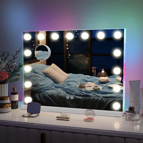 YU YUSING Hollywood Spiegel mit RGB Schminkspiegel mit Beleuchtung 58X46cm, 15 LED Licht Dimmbar Kosmetikspiegel 3 Modi, Vanity Spiegel Tischspiegel, 10X Vergrößerung für Schminktisch Schlafzimmer YU YUSING Hollywood Spiegel mit RGB Schminkspiegel mit Beleuchtung 58X46cm, 15 LED Licht Dimmbar Kosmetikspiegel 3 Modi, Vanity Spiegel Tischspiegel, 10X Vergrößerung für Schminktisch Schlafzimmer von YU YUSING
