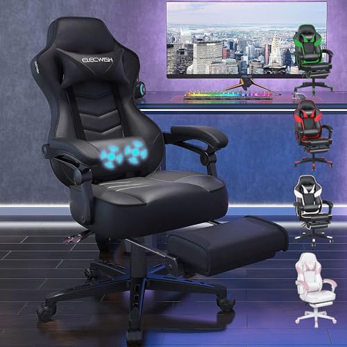 YU YUSING Gaming Stuhl Bürostuhl mit Fußstütze, Racing Stuhl Massage Ergonomisch, Drehbar Hochenverstellbar, 90-150°Rückenlehne Verstellbar, Abnehmbare Kopfstütze, Lendenkissen (Schwarz) von YU YUSING