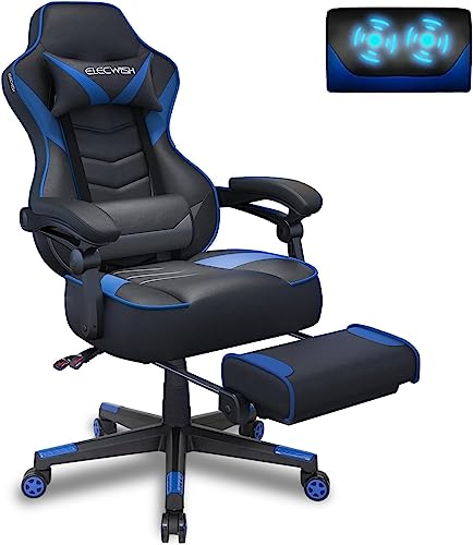 YU YUSING Gaming Stuhl Bürostuhl mit Fußstütze, Racing Stuhl Massage Ergonomisch, Drehbar Hochenverstellbar,90-150°Rückenlehne Verstellbar, Abnehmbare Kopfstütze, Lendenkissen (Schwarz & Blau) von YU YUSING