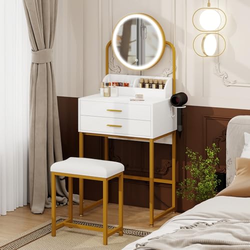 YU YUSING Schminktisch mit Beleuchtung und Hocker, Kleiner Schminktisch mit LED-Spiegel 2 Schubladen 2 Ablagen 55X40CM, Kosmetiktisch Frisiertisch mit Stauraum Sitzhocker für Schlafzimmer, Golden von YU YUSING