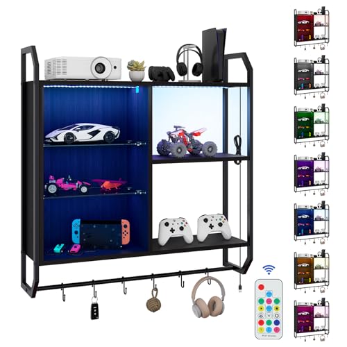 YU YUSING Schwebende Regale mit LED, Wandregal Gaming-Regale mit 6 Haken, Display-Regale, Wandvitrine mit 2 Glasböden, Hängevitrine für Schlafzimmer Küche Bar Büro Spielzimmer-Dekoration, Schwarz von YU YUSING