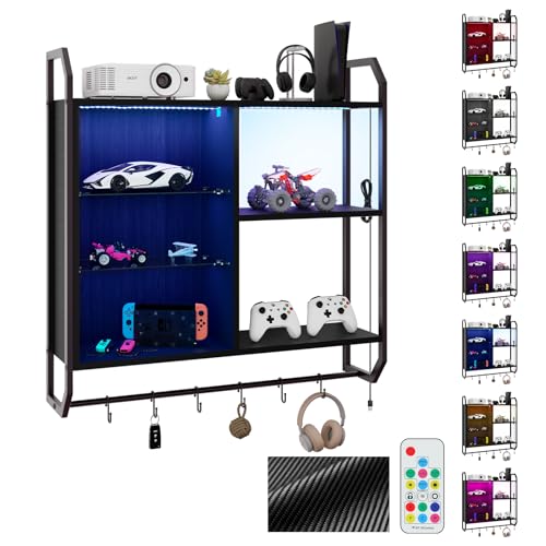 YU YUSING Schwebende Regale mit RGB 7 Farben, Bar Regal Wandregal Gaming-Regale mit 6 Haken, Display-Regale Wandvitrine mit 2 Glasböden, Hängevitrine für Wohnzimmer Küche Spielzimmer, Carbon Schwarz von YU YUSING