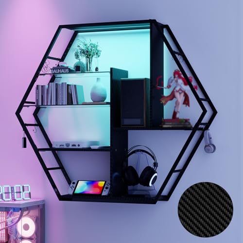 YU YUSING Schwebende Regale mit RGB 7 Farben, Wandregal Gaming Display-Regale mit 8 Haken, Wandvitrine mit 2 Glasböden, Hängevitrine für Schlafzimmer Spielzimmer-Dekoration, Hexagon Carbonfaser-Finish von YU YUSING