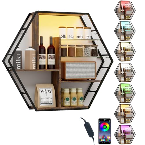 YU YUSING Schwebende Regale mit RGB 7 Farben, Wandregal Gaming mit 8 Haken, Display-Regale, Wandvitrine mit 2 Glasböden, Hängevitrine für Schlafzimmer Küche Bar Spielzimmer-Dekoration, Hexagon Braun YU YUSING Schwebende Regale mit RGB 7 Farben, Wandregal Gaming mit 8 Haken, Display-Regale, Wandvitrine mit 2 Glasböden, Hängevitrine für Schlafzimmer Küche Bar Spielzimmer-Dekoration, Hexagon Braun von YU YUSING