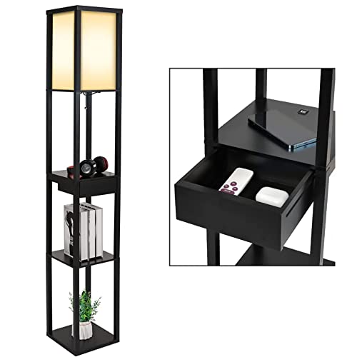 YU YUSING Stehlampe mit Holzregal 2 USB-Ladeanschlüsse und 1 Schublade Innenbeleuchtung 1,6m Holz Stehleuchte mit Regalen für Schlafzimmer und Wohnzimmer, schwarz von YU YUSING