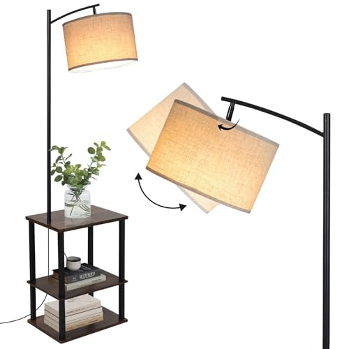 YU YUSING Stehlampe mit Tisch, Stehleuchte Beistelltisch mit 3 Regalen, Nachttischlampe mit E27 Fassung, Stoffschirm in Weiß, Holz Standleuchte für Wohnzimmer Schlafzimmer Büro, 30 x 40 x 150 cm Braun von YU YUSING