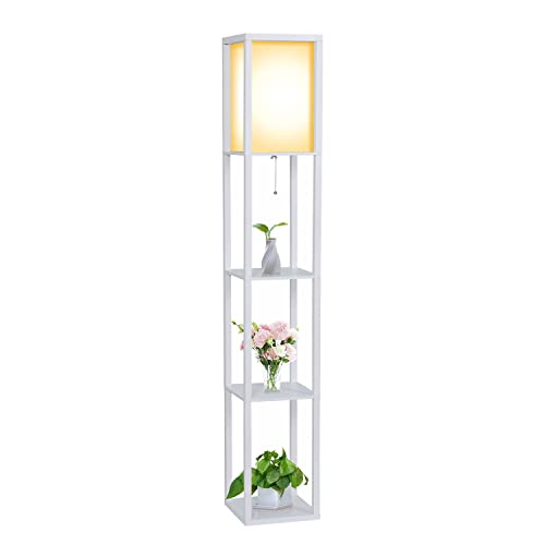 YU YUSING Stehlampe Holz Regal, Stehleuchte Wohnzimmer LED mit 3 Holzregal mit E27 Fassung 1,6m Innenbeleuchtung für Whonzimmer Schlafzimmer Büro (Weiß) von YU YUSING