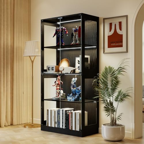YU YUSING Vitrine mit LED Beleuchtung und 2 Glastüren, 165cm Glasvitrine Sammlervitrine Vitrinenschrank mit Intelligente Sensorik, 4-stöckige Standvitrine für Wohnzimmer Schlafzimmer Büro, Schwarz von YU YUSING