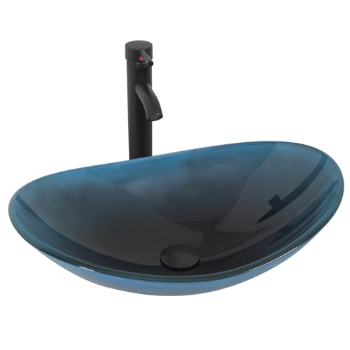 YU YUSING Waschbecken Glas Aufsatzwaschbecken Waschtisch, Oval Hand Waschschale mit Wasserhahn Set, Waschplätze für Badezimmer Küche Gäste WC, Modern Dunkelblau von YU YUSING