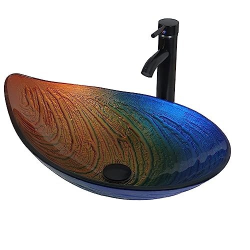 YU YUSING Waschbecken Glas Waschtisch Aufsatzwaschbecken, Waschplätze 55x36.5x13.5cm Waschschale mit Wasserhahn Set für Badezimmer Küche Gäste WC, Modern Mehrfarbig, Muschelform Becken von YU YUSING