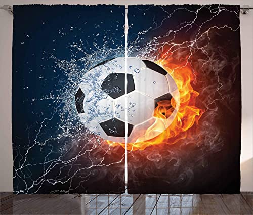 YUANCHENG Sportvorhänge Fußball auf Feuer und Wasser Flamme spritzt Donnerschlag Abstraktes Konzept Kunst Wohnzimmer Schlafzimmer Fenster von YUANCHENG