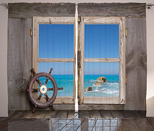 YUANCHENG Urlaubsvorhänge Blick durch Holzfenster mit Meerblick Ocean Holiday Lenkrad Maritimes Wohnzimmer Schlafzimmer Fenstervorhang von YUANCHENG
