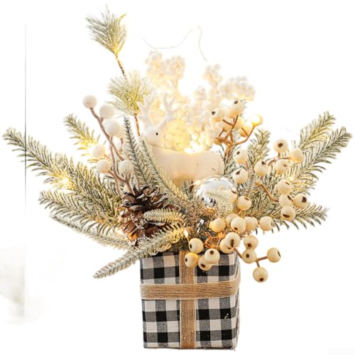 Künstlicher Weihnachtsstrauß, Weihnachtsstrauß, Tannenzapfen und Zweig, Blumenarrangement mit Lichtern für Tischplatten oder Kaminsims (B) von YUANGANG
