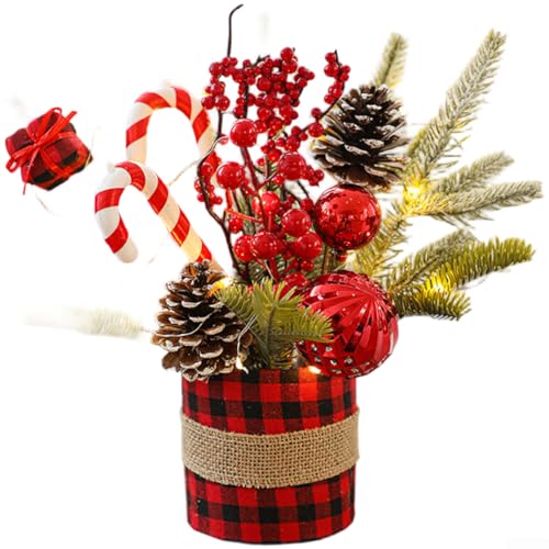 Künstlicher Weihnachtsstrauß, Weihnachtsstrauß, Tannenzapfen und Zweig, Blumenarrangement mit Lichtern für Tischplatten oder Kaminsims (C) von YUANGANG