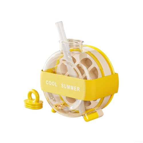 Tragbare 2-in-1-Eiswürfelflasche mit Deckel und Eiswürfelschale, mit hygienischem Eisauslöseknopf und Strohhalm für bequemes Trinken, geeignet für Outdoor-Aktivitäten und Fitnessstudio (gelb) von YUANGANG