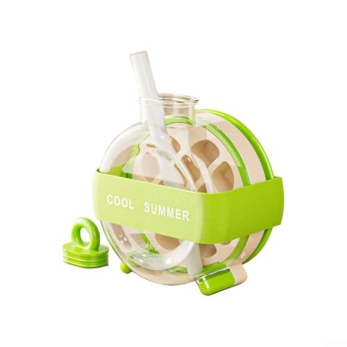 Tragbare 2-in-1-Eiswürfelflasche mit Deckel und Eiswürfelschale, mit hygienischem Eisauslöseknopf und Strohhalm für bequemes Trinken, geeignet für Outdoor-Aktivitäten und Fitnessstudio (grün) von YUANGANG