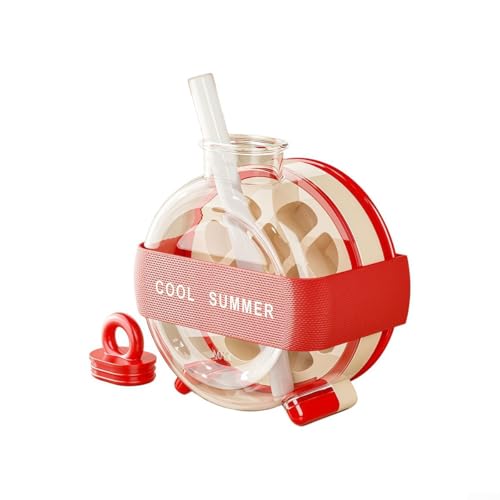 Tragbare 2-in-1-Eiswürfelflasche mit Deckel und Eiswürfelschale, mit hygienischem Eisauslöseknopf und Strohhalm für bequemes Trinken, geeignet für Outdoor-Aktivitäten und Fitnessstudio (rot) von YUANGANG