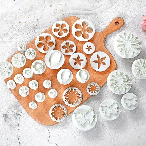 YUANHEHE Fondant Ausstecher Set 33 Stück: Cookie Cutter, Antihaft, Blumig, Weiß, Spülmaschinenfest von YUANHEHE