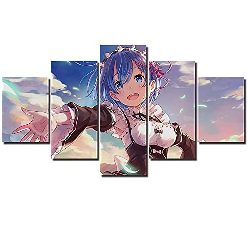 YUANJUN 3D Leinwanddrucke,Modulare Wandkunst Wandaufkleber,5 Teiliges Wandbild,Mit Rahmen,Größe,Leinwandbild,Wandbilder XXL Anime-Mädchen Rem Re von YUANJUN