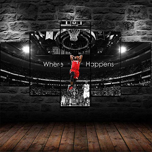 YUANJUN 3D Leinwanddrucke,Modulare Wandkunst Wandaufkleber,5 Teiliges Wandbild,Mit Rahmen,Größe 150 X 80 cm Leinwandbild, Wandbilder XXL Gerahmtes Lebron * James Basketball Poster von YUANJUN