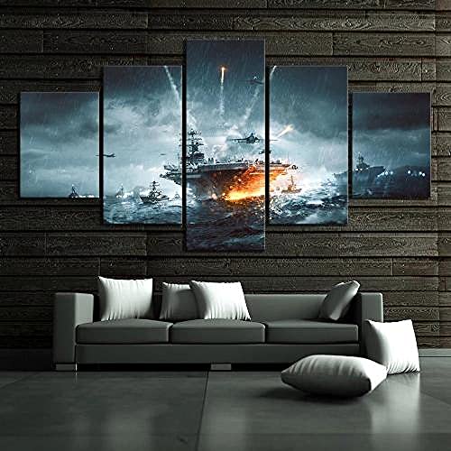 YUANJUN Mit Rahmen Vlies Leinwanddrucke 5 Teilig Kunstdruck Leinwand Bild XXL Format Wandbilder Wohnzimmer Wohnung Deko Gerahmtes Battlefield 4 Marine Battleship Flugzeugträgerjäger von YUANJUN