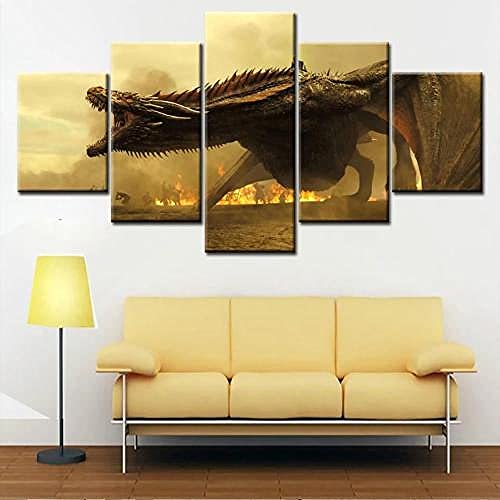 YUANJUN Mit Rahmen Vlies Leinwanddrucke 5 Teilig Kunstdruck Leinwand Bild XXL Format Wandbilder Wohnzimmer Wohnung Deko Gerahmtes Stammes-Königreich War of Thrones-Drache von YUANJUN