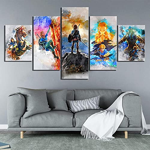 YUANJUN Mit Rahmen Vlies Leinwanddrucke 5 Teilig Kunstdruck Leinwand Bild XXL Format Wandbilder Wohnzimmer Wohnung Deko Gerahmtes Zelda Bilderspiel von YUANJUN