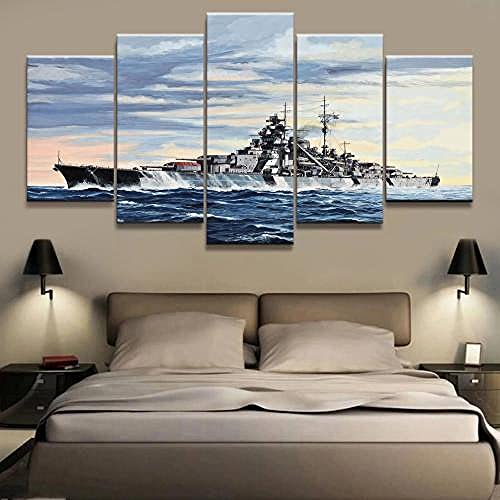 YUANJUN Puzzle 5 TLG Kunstdruck Modern Wandbilder Design Tapete Eingerahmt Bilder Drucke Leinwand Wandkunst Wohnkultur Gem?Lde Poster Mehrteilig XXL Schlachtschiff Bismarck Kriegswaffenpatrouille von YUANJUN