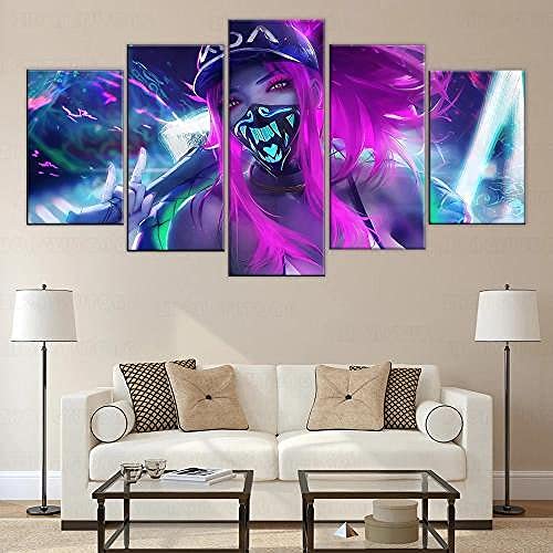 YUANJUN Wanddekoration Design Wandbild 5 Teilig Premium Poster Stilvolles Set Mit Passenden Bilder Als Wohnzimmer Deko Bilderrahmen Leinwandbild Kda Akali Maske Neon League von YUANJUN