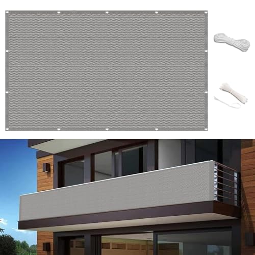 Balkon Sichtschutz Balkonabdeckung 0.65 x 1.8 m mit Windschutz Und Sonnenschutz Atmungsaktiv Balkonumspannung Garten-Sichtschutz mit Kabelbinder für Terrassen, Hellgrau von YUANWAN