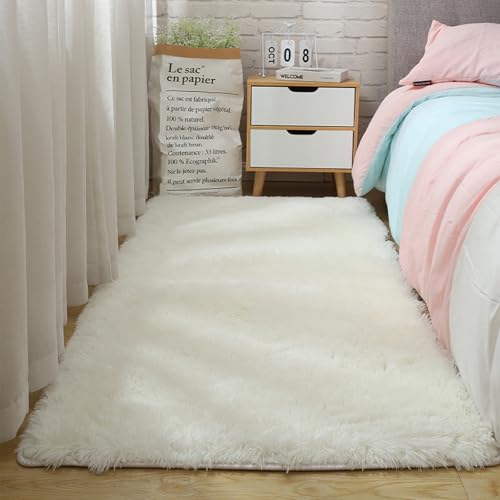 YUANWAN Hochflor Teppich Wohnzimmer 45 x 150 cm Waschbar Und rutschfest Moderner Wohnzimmer Teppich Hochflor Flauschig Teppich für Schlafzimmer, Wohnzimmer, Weiß von YUANWAN