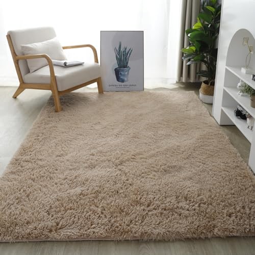 YUANWAN Teppich Wohnzimmer Schlafzimmer 90 x 140 cm Flauschig Weicher, Maschinenwaschbarer Hochflor Teppich Läufer Flur Anti-Rutsch Teppich Matte für Wohnzimmer, Schlafzimmer, Beige von YUANWAN