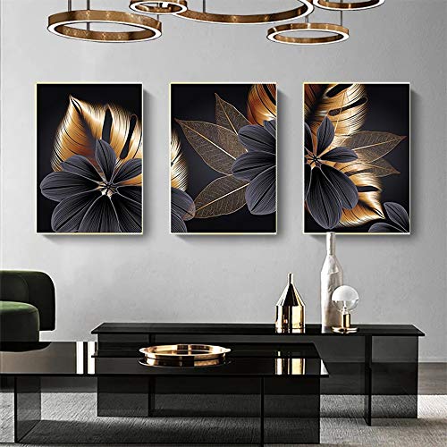 Leinwand Poster Bilder Set 3Stück Schwarz Golden Pflanzenblatt Bild Wohnzimmer Schlafzimmer Vintage Leinwandbilder ,für Deko Schlafzimmer Küche Modern Wandbild mit Poster Kunstdrucke (50X70 cm) von YUANWEI